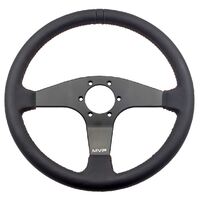 MVP BLACK 350MM LEATHER STEERING WHEEL FLAT WITH RED STITCHING