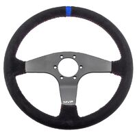 MVP BLACK 350MM SUEDE STEERING WHEEL FLAT WITH RED STITCHING