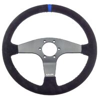 MVP BLACK 350MM SUEDE STEERING WHEEL FLAT WITH BLUE STITCHING