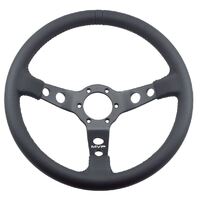 MVP BLACK 350MM LEATHER STEERING WHEEL DISHED WITH BLACK STITCHING