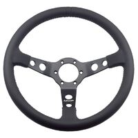 MVP BLACK 350MM LEATHER STEERING WHEEL DISHED WITH BLUE STITCHING
