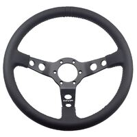 MVP BLACK 350MM LEATHER STEERING WHEEL DISHED WITH GREY STITCHING