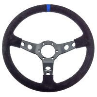 MVP BLACK 350MM SUEDE STEERING WHEEL DISHED WITH BLUE STITCHING