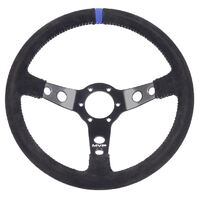 MVP BLACK 350MM SUEDE STEERING WHEEL DISHED WITH GREY STITCHING