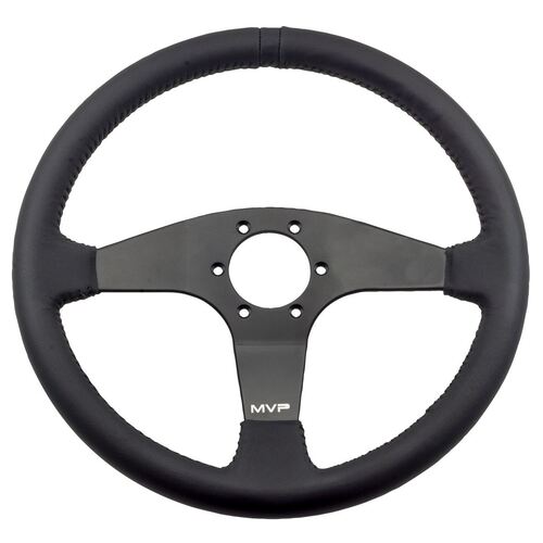 MVP BLACK 350MM LEATHER STEERING WHEEL FLAT WITH BLACK STITCHING