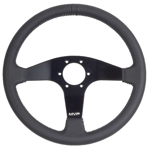 MVP BLACK 350MM LEATHER STEERING WHEEL FLAT WITH GREY STITCHING