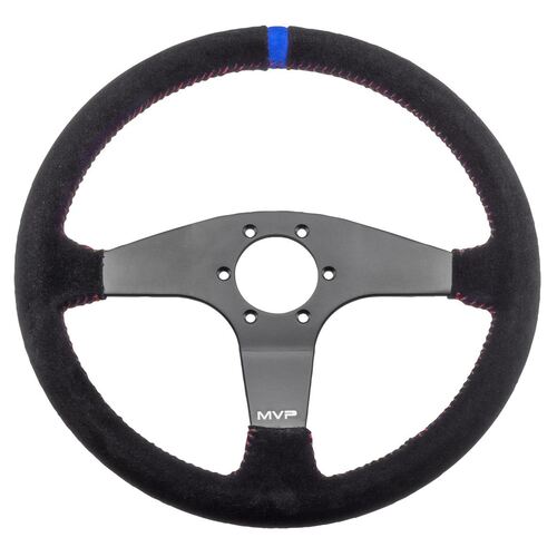 MVP BLACK 350MM SUEDE STEERING WHEEL FLAT WITH RED STITCHING