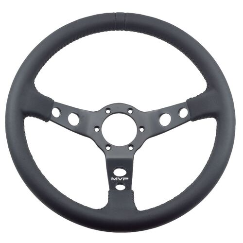 MVP BLACK 350MM LEATHER STEERING WHEEL DISHED WITH BLACK STITCHING