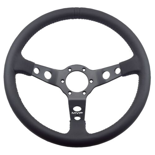 MVP BLACK 350MM LEATHER STEERING WHEEL DISHED WITH BLUE STITCHING