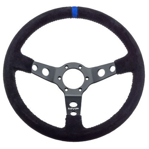 MVP BLACK 350MM SUEDE STEERING WHEEL DISHED WITH BLACK STITCHING