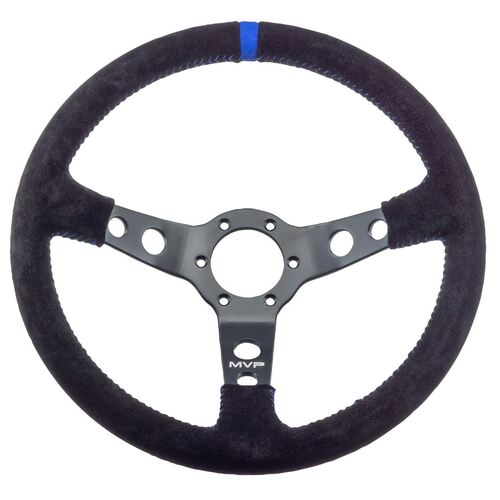 MVP BLACK 350MM SUEDE STEERING WHEEL DISHED WITH BLUE STITCHING