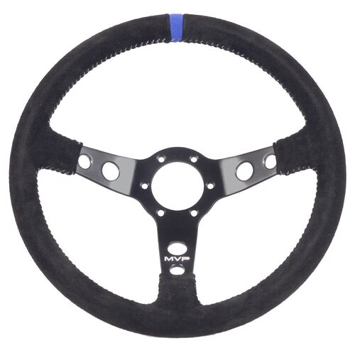 MVP BLACK 350MM SUEDE STEERING WHEEL DISHED WITH GREY STITCHING